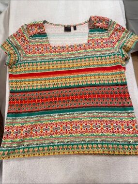 Rafaella Striped Floral Scoop Neck Short Sleeve Top - Red, Green, Yellow